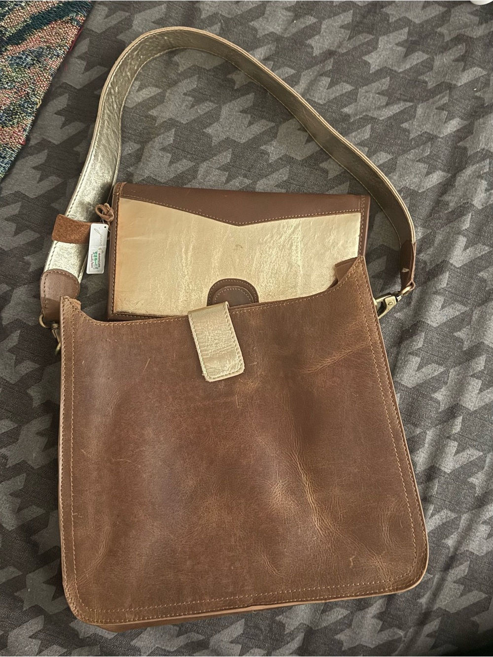 Jane Marie Leather Messenger Crossbody Bag Metallic Gold Accents + Wallet Set